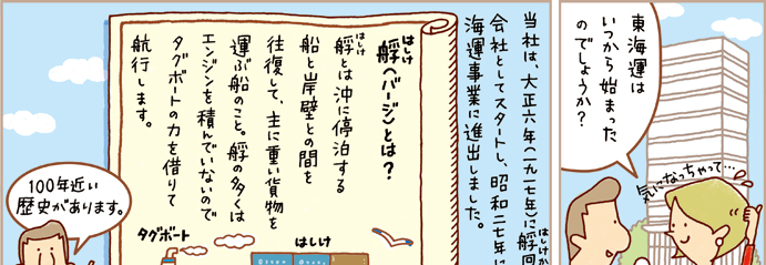 当社は、大正6年に艀回漕を行う会社としてスタートし、昭和27年には、海運事業に進出しました。つまり、東 海運には100年近い歴史があります。 | 艀とは？艀とは沖に停泊する船と岸壁との間を往復して、重い貨物を運ぶ船のこと。